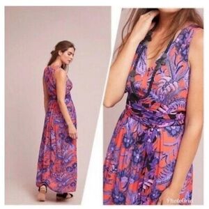 Maeve x Anthropologie Macie Orange & Purple Floral V Neck Floral Maxi Dress 10